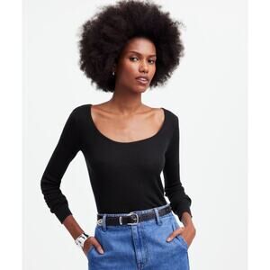 Madewell Merino Wool-Silk Blend Scoopneck Sweater WMNS XS Black Ribbed Slim-Fit